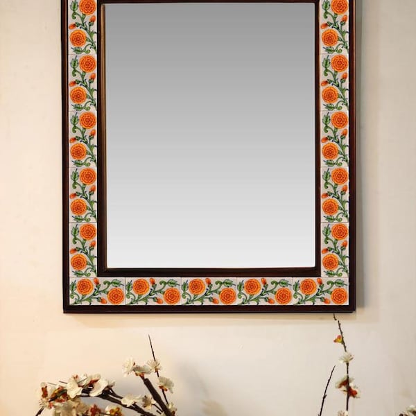 Yellow Floral Marigold design Tile Mirror - Get Your Custom Size Handmade Mirrors