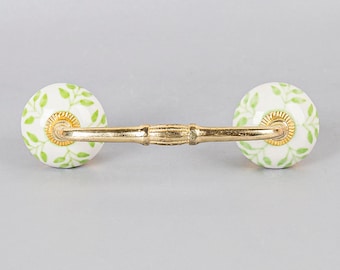 Green Leaf Ceramic Cabinet Pull: Rustic Herb Kitchen Hardware