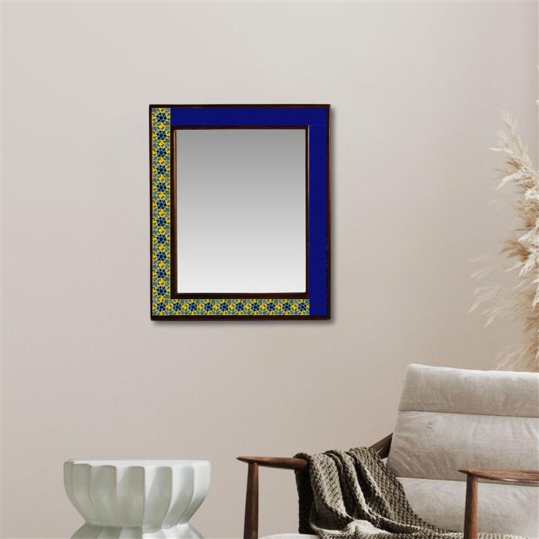 手作りの青と黄色の花柄タイルミラー - アッシュウッドフレーム - Etsy