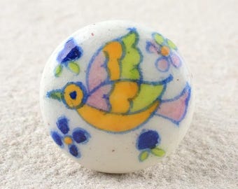 Handmade Ceramic Bird Knob: Antique White Pottery Drawer Pull