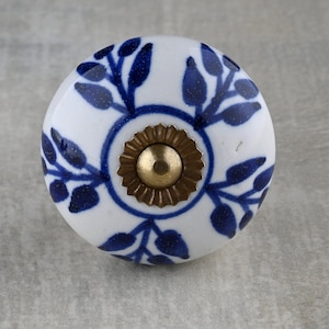Handmade Ceramic Knob: Blue Floral Dresser Drawer Pull