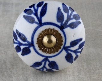 Handmade Ceramic Knob: Blue Floral Dresser Drawer Pull