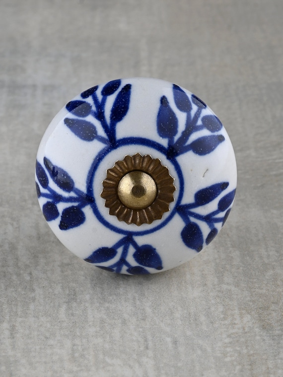 Handgemachter Keramik Knauf: Blauer Blumen Knauf