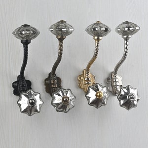 Antique Silver Flower Wall Hook Handmade Decorative Glass Hanger Vintage Metal Furniture Bath Hooks