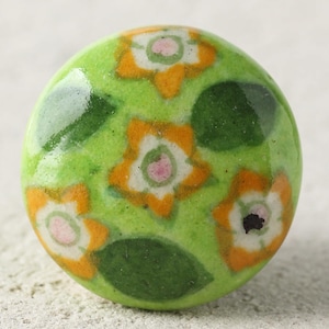 Green Floral Ceramic Cabinet Knob: Hand-Painted Drawer Pull (Sold in Sets)