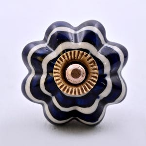 Handmade Navy Blue & White Layered Flower-Shaped Ceramic Cabinet Knob