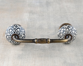 White Ceramic Dresser Pull: Black Floral Design, Cabinet Hardware