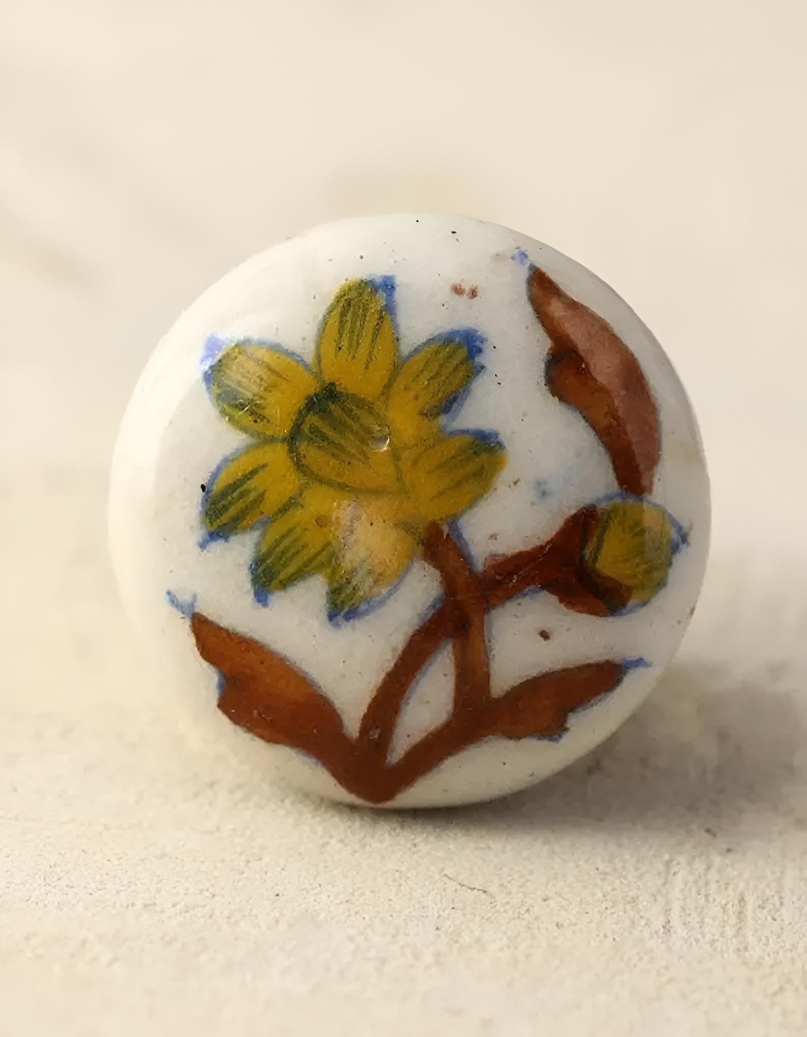 Blue Pottery White Knob with Yellow Flowers & Brown Leaves for Cabinets, Drawer Pulls, Home Decor, Handcrafted Kitchen Knobs(Sold in Sets)