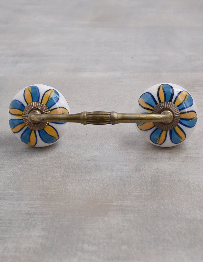 Turquoise and Yellow Flower Design On White Base Ceramic Wardrobe Drawer Dresser Handle (Sold in Sets), Cabinet Handle