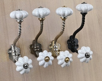 Gancho de pared de cerámica blanca hecho a mano, ganchos de metal vintage para muebles, ganchos decorativos para baño.