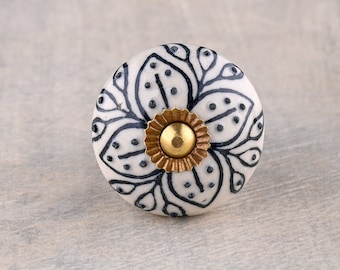 White Ceramic Flower Shaped Drawer Knob With Black Print