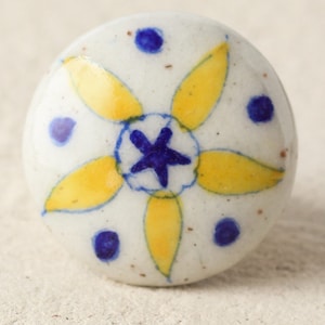 White knob with Blue and Yellow Flowers Ceramic Cabinet knob (Sold In Sets)