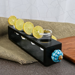 New!! Black Wood Shot Glass Holder With four Shot Glasses and Assorted Two Ceramic Knobs, Wedding Favor, Party Favor, Liquor Holder