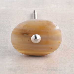 May include: A brown and white agate knob with a silver metal base. The knob has a striped pattern and is oval shaped.