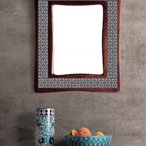 Handmade Gray and White Design Blue Pottery Tile Mirror - Unique Home Decor, Wall Art, Rustic Finish, Bohemian Style Mirror