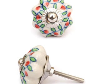 White Floral Ceramic Drawer Knob: Shabby Chic Cabinet Hardware