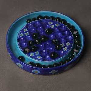 Hand Painted Ceramic Blue Pottery Brainvita Game with Glass Marbles – Assorted Colors & Designs, Traditional Board Game Gift