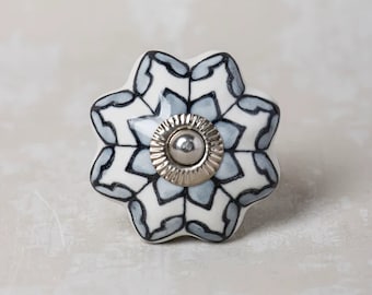 Handmade Gray Floral Ceramic Cabinet Knob, Kitchen Drawer Pull, Bathroom Decor, Decorative Furniture Knob,