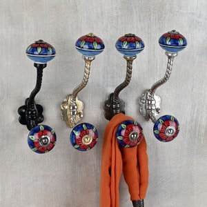 Blue Handmade Ceramic Wall Hook Vintage Coat & Bath Hooks Metal Furniture Hardware