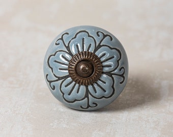 Handmade Teal Ceramic Knob: Embossed Floral Cabinet Drawer Pull