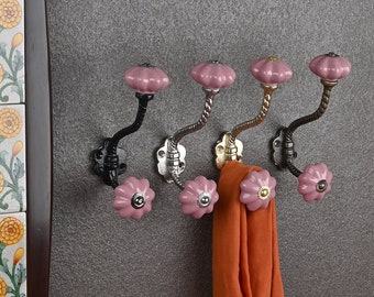 Pink Ceramic Flower Wall Hook | Vintage Style Coat & Towel Hanger