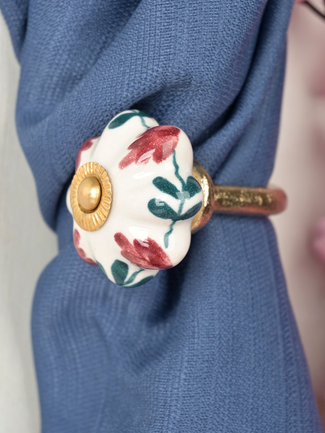 Image showcasing Handmade Ceramic Flower Curtain Tie Back: Maroon & Green Leaf Design - Etsy