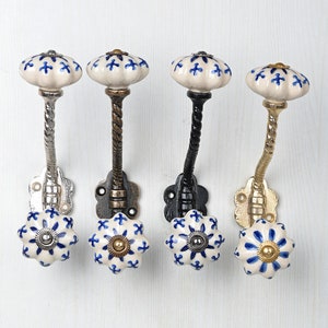 Handmade Ceramic Wall Hook Off White & Blue | Vintage Metal Coat Hanger | Decorative Furniture Hardware Bath Hook