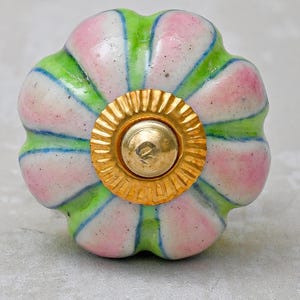 May include: A decorative ceramic cabinet knob with a floral design. The knob features a rounded shape with alternating pink and green petals, accented with blue stripes. A gold-colored metal center adds a touch of elegance.