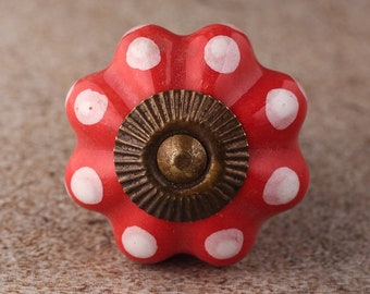 White Dots on Salmon Ceramic Cabinet Knob - Sold in Sets