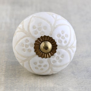Round White Ceramic Designer Embossed Dresser Cabinet Knob | Elegant Home Decor & Furniture Upgrade, Stylish Hardware
