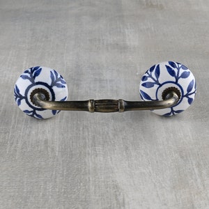 White Royal Ceramic Drawer Cabinet Pull With Blue Leaves (Sold in Sets), Cabinet Handle, Pulls Wardrobe Handles, Cupboard Pulls