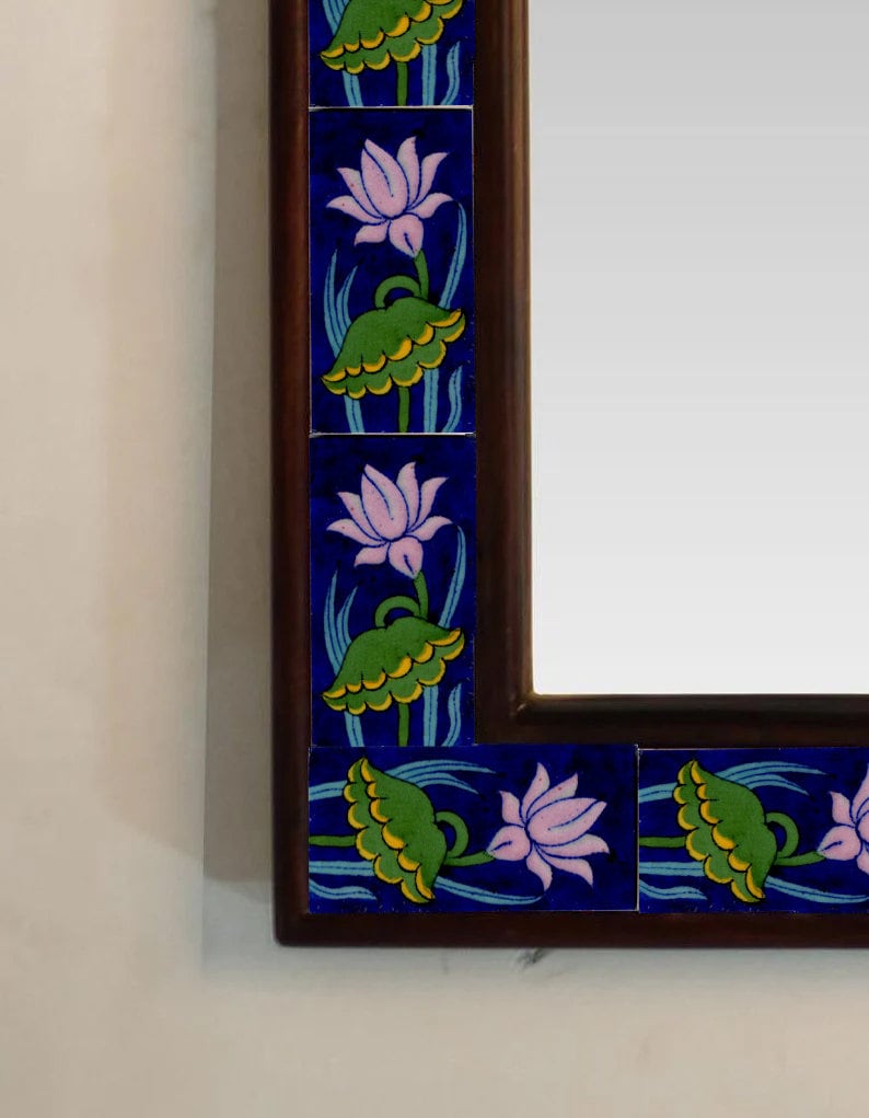 Lotus Design Blue Color Floral Leafy Spiegel Zum Aufhängen an Der Wand Get  Your Custom Size Spiegel Made-national Flower of India 