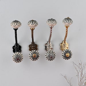 Cream & Black Decorative  Handmade Ceramic Wall Hook |Vintage Wall Hook |Coat Hanger| Metal Wall Hooks |Furniture Hardware Hooks| Bath Hooks