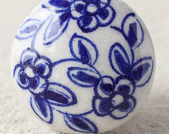 Blue Floral Ceramic Cabinet Knob: Hand-Painted Kitchen Hardware