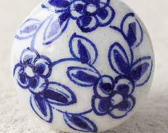 Blue and White Flowered Ceramic Ceramic Cabinet Knobs | Furniture Door Ceramic Knobs | Ceramic Knob (Sold In Sets)