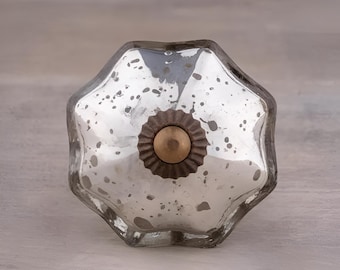 Perilla de gabinete de vidrio de mercurio plateado: Tirador de tocador estilo melón vintage