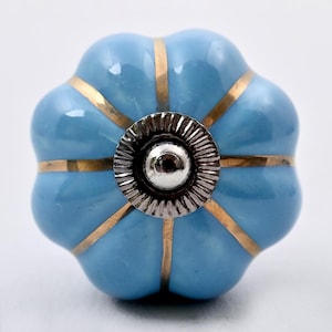 Op de afbeelding: Een lichtblauwe keramische meubelknop met een pompoenachtige, gegroefde vorm. De knop is voorzien van dunne, verticale goudkleurige strepen die van het midden naar de buitenrand lopen. Een zilverkleurige metalen plaat met ribbels zit in het midden.