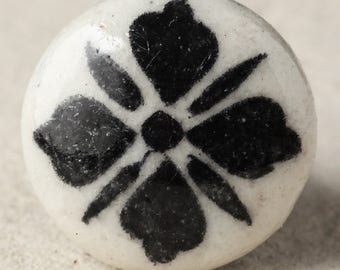 Hand-Painted Ceramic Cabinet Knob: Black & White Floral Design