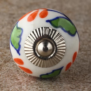 White Round Kitchen Cabinet Knob With Orange Flowers  | Furniture Door Ceramic Knobs | Ceramic Knob (Sold in Sets)