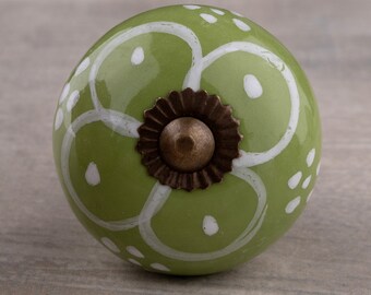 Hand Painted Flower Knob: Green Ceramic Dresser Pull, Boho Decor