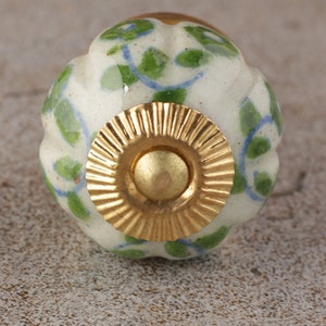 White Ceramic Melon Shaped Dresser Cabinet Knob With Green Design (Sold in Sets)