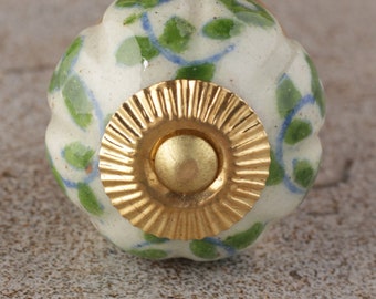 White Ceramic Melon Shaped Dresser Cabinet Knob With Green Design (Sold in Sets)