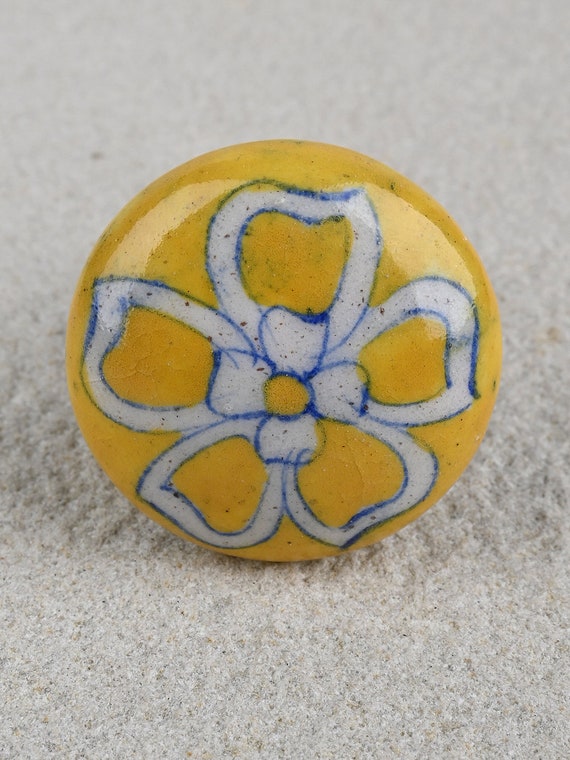 Hand-painted Yellow Flower Ceramic Cabinet Knob: Vintage Floral