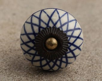 Decorative Blue Geometric Ceramic Cabinet Knobs | Furniture Door Ceramic Knobs | Ceramic Knob (Sold in Sets)