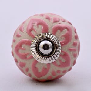 Handmade Pink & Cream Embossed Floral Design Ceramic Cabinet Knob