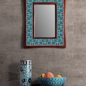 Turquoise Color Floral Pattern Leafy Wall Hanging Decorative Mirror