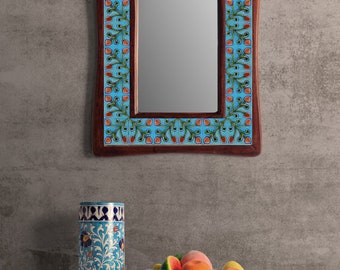 Turquoise Color Floral Pattern Leafy Wall Hanging Decorative Mirror