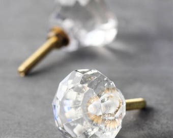 Decorative Clear Glass Diamond Cut Mushroom Knob (Sold in Sets)