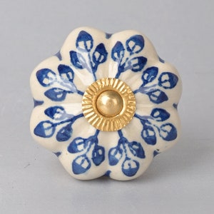 Handmade Decorative Floral Shape Blue Leafy Design on Off White Base | Unique Design Ceramic Kitchen Cabinet Knobs (Sold in Sets)