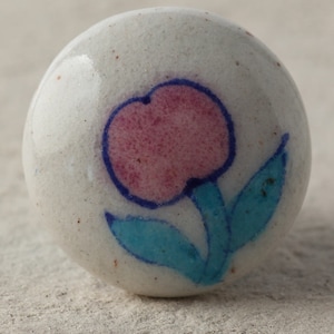 Könnte beinhalten: Weißer Keramik-Knopf mit einem blauen und rosa Blumenmuster.
